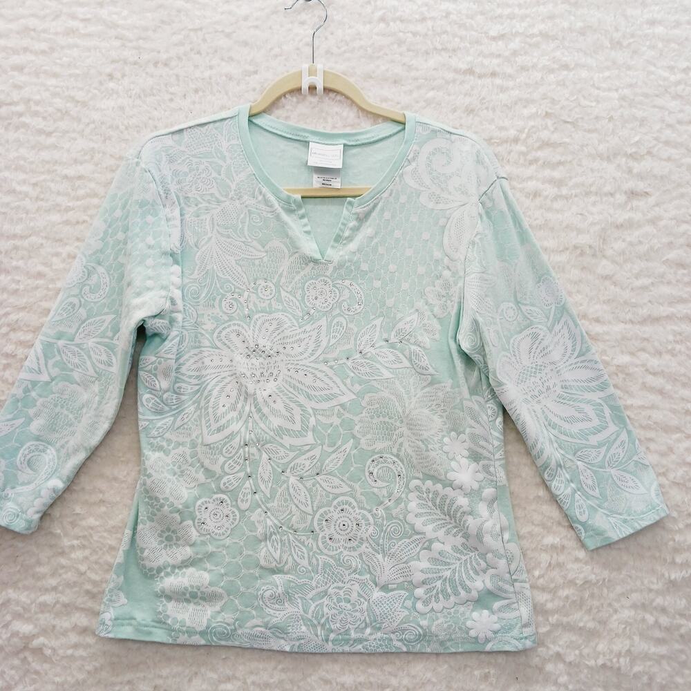 T-Shirt Women Mint Floral Rhinestones Whimsycore Gardender Resort Fairycore Sz M
